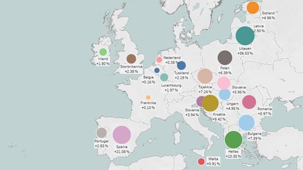 <p>HØYERE LØNNSGULV: En betydelig andel av arbeidstakerne i EU-landene får sin inntekt styrt av hva myndighetene bestemmer skal være minstelønn. På kartet over ser du prosentvis endring i minstelønningene fra 2018 til 2019 – målt i reallønn. Tallene viser altså hvor mye satsene har økt mer enn prisveksten.</p>