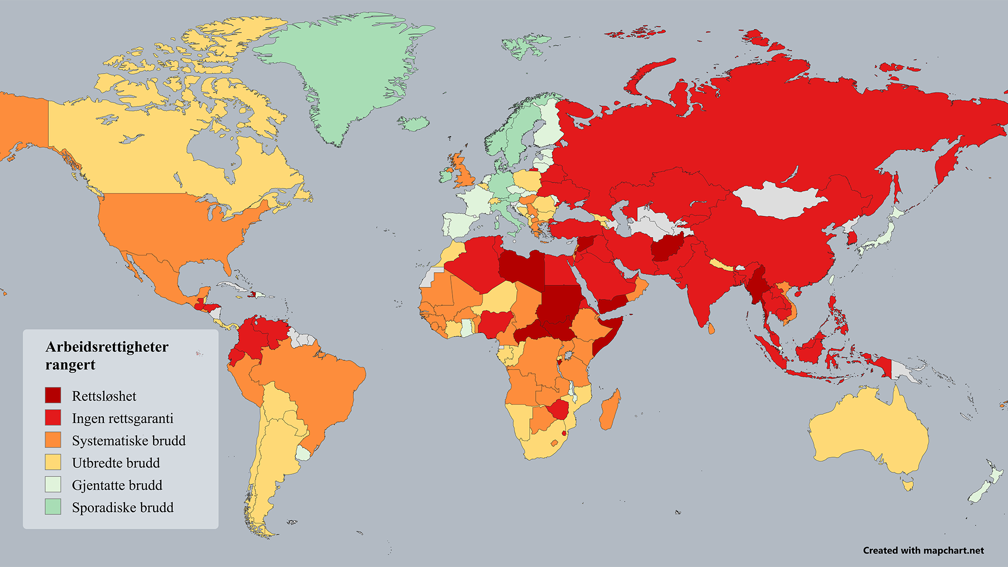 <p><strong>FÅ GODKJENTE LAND:</strong> ITUC rangerer alle verdens land etter hvordan de respekterer arbeidstakeres rettigheter. De aller fleste land anses for å opprettholde rettighetene – Norge er ett av åtte slike land, mens Finland har ramlet ned en kategori det siste året. Grå land mangler data. <br /><strong><a href="images/3-figurer-og-data/ITUC-arbeidsrettigheter_rangert-graa.png">Stor bildeversjon</a></strong> | <strong>GRAFIKK:</strong> <a href="https://www.mapchart.net/world.html" target="_self">mapchart.net</a> <strong>DATA:</strong> <a href="https://www.ituc-csi.org/global-rights-index">ITUC/Global Rights index</a></p>
