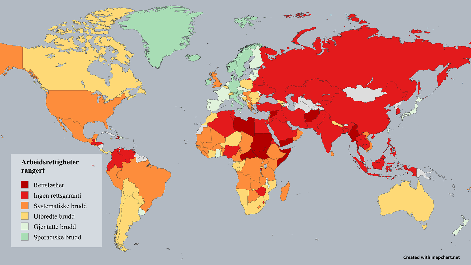 <p><strong>FÅ GODKJENTE LAND:</strong> ITUC rangerer alle verdens land etter hvordan de respekterer arbeidstakeres rettigheter. De aller fleste land anses for å opprettholde rettighetene – Norge er ett av åtte slike land, mens Finland har ramlet ned en kategori det siste året. Grå land mangler data. <br /><strong><a href="images/3-figurer-og-data/ITUC-arbeidsrettigheter_rangert-graa.png">Stor bildeversjon</a></strong> | <strong>GRAFIKK:</strong> <a href="https://www.mapchart.net/world.html" target="_self">mapchart.net</a> <strong>DATA:</strong> <a href="https://www.ituc-csi.org/global-rights-index">ITUC/Global Rights index</a> <span></span></p>